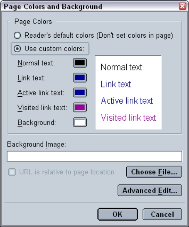 Figure 5-3: Most Web page editors let you specify background image/ colour options in a dialog box like this.